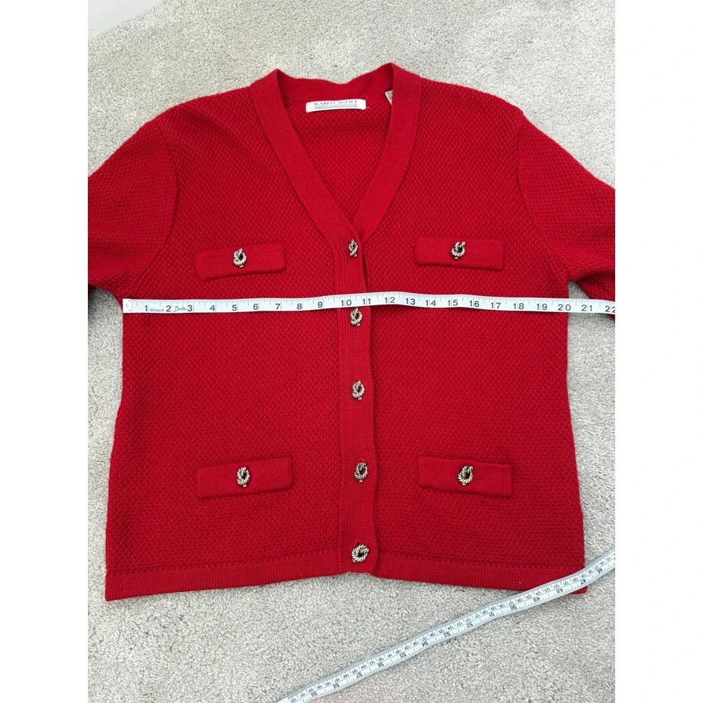 Karen Scott Vintage Red Knit Large Cardigan Sweater Silver Buttons Wool Blend